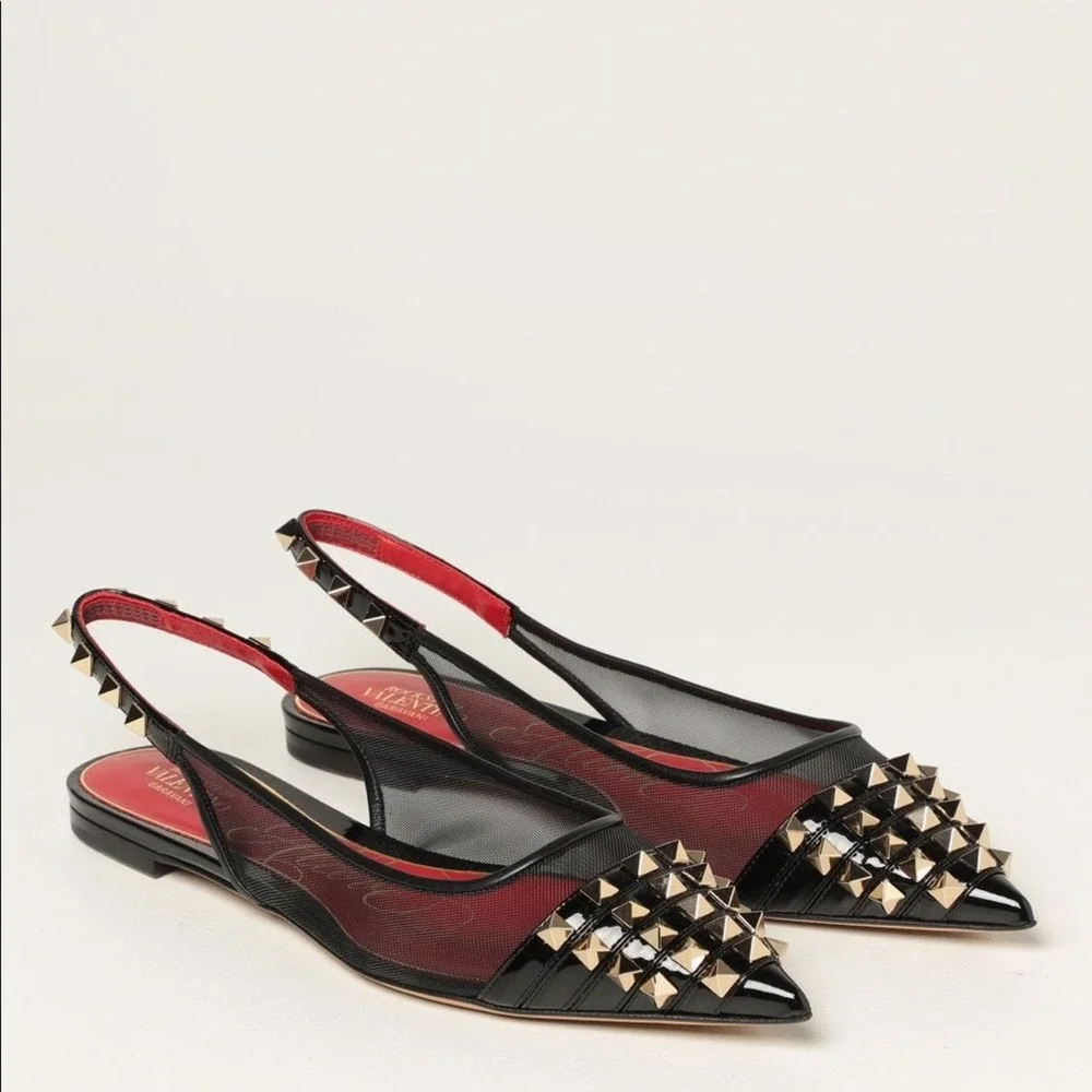 Valentino‎ Garavani Alcove Rockstud Black Mesh Slingback Pointed Flats EU 36 NIB